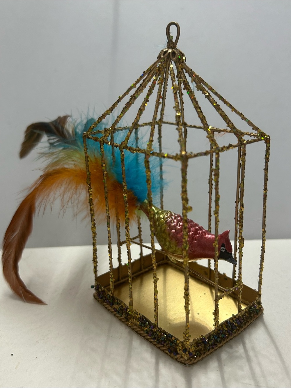Bird Cage Ornament with Multicolor Feathered Bird Metal Gold Sparkle Cage